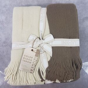 INKIVY Stockholm Throw Blanket Color Block Taupe Fringe Cozy 50 x 60